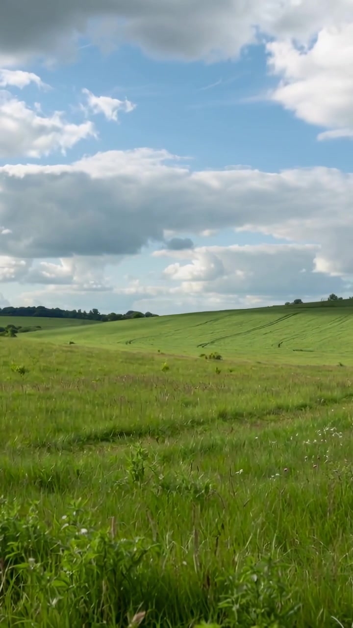 Vídeo vertical: Câmera em movimento panorâmico após leve deslocamento, capturando colina gramada e flores para revelar a vista