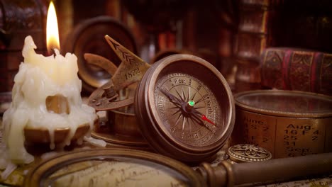 Vintage-style-travel-and-adventure.-Vintage-old-compass-and-other-vintage-items-on-the-table.