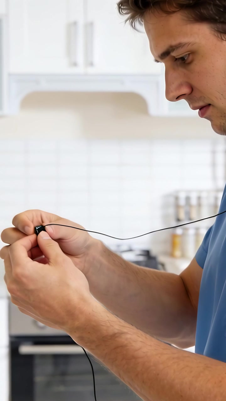Vertical video: Holding black cable, man in blue tee fastening clip to shirt at kitchen, copy space