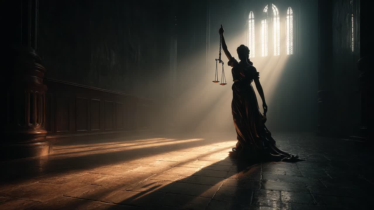 A Dramatic Depiction of Justice Illuminated: A Silhouette of a Figure Holding Scales in a Dimly Lit Space with Graceful Light Rays Enhancing the Atmosphere