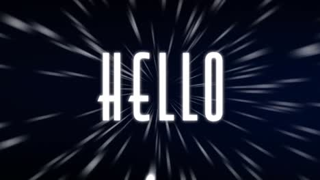 Animation-of-hello-text-over-rays-on-dark-background