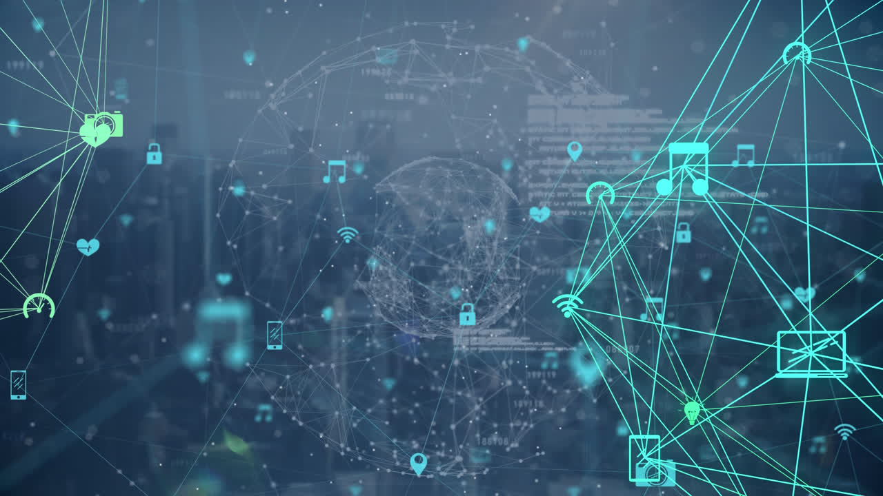 globo de iconos digitales contra el paisaje urbano