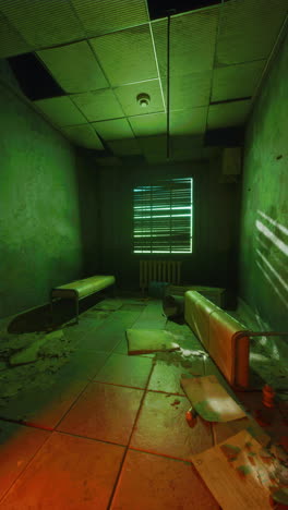 a creepy abandoned room with green walls and tiled floor