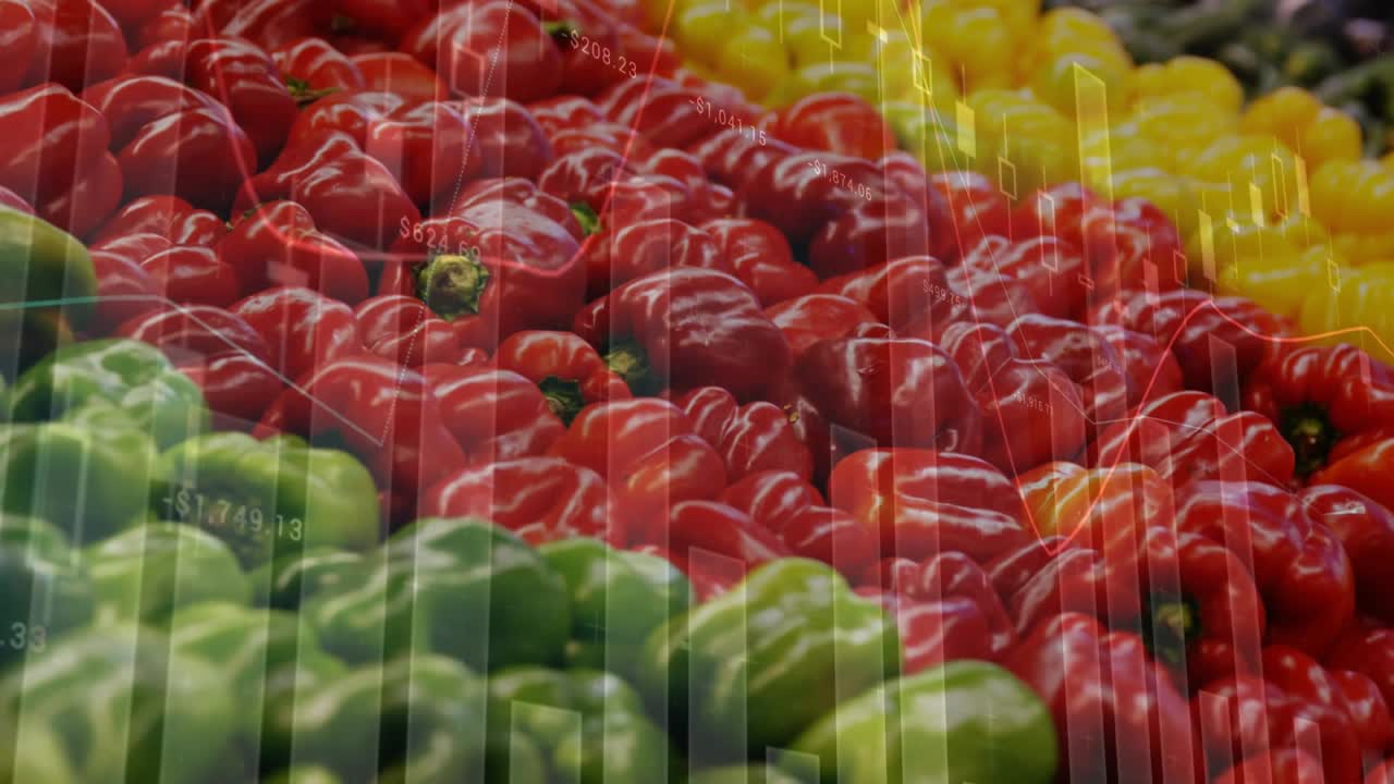Translucent bars appearing over green and red peppers, charts shifting and tracing sales trends