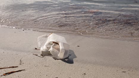 Plastic-waste-on-sandy-shore-with-gentle-waves-in-background,-environmental-pollution-theme