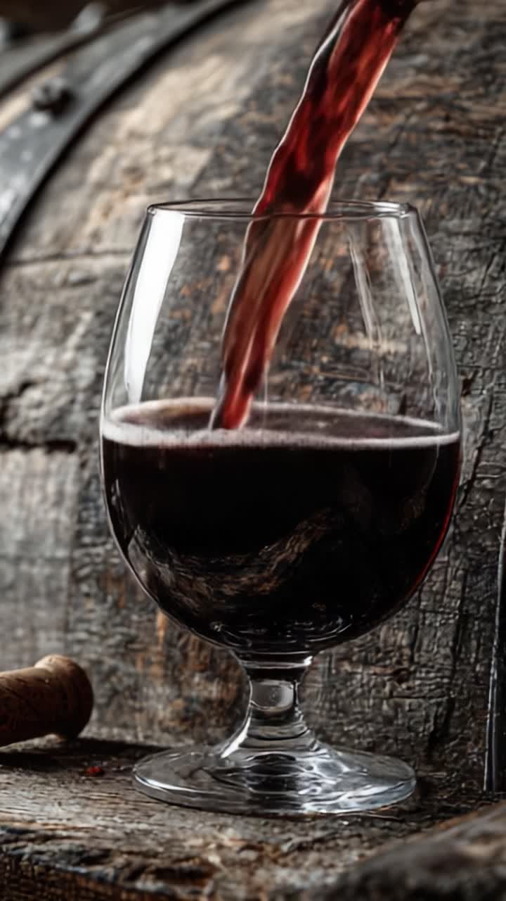 Primer plano sofisticado de vino tinto vertiéndose en una copa, que destaca el color intenso y la textura sobre un rústico fondo de madera que evoca una sensación de tradición.