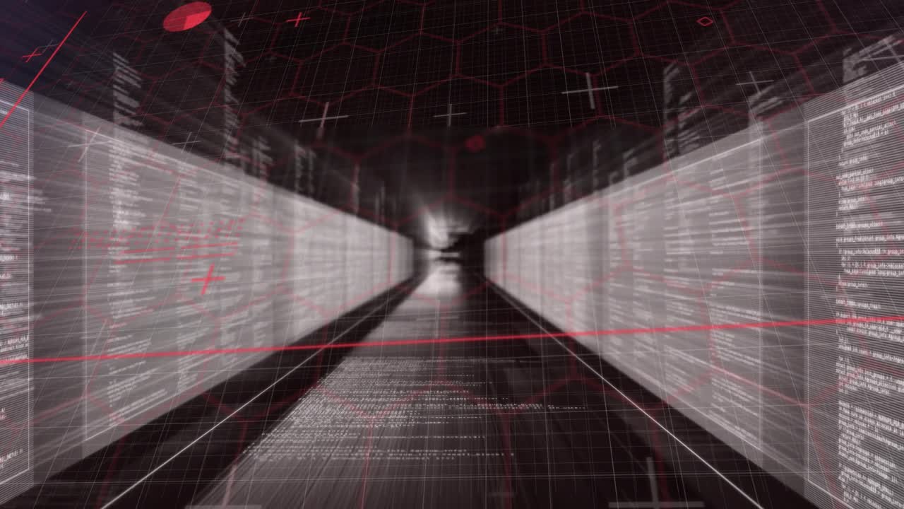 Futuristic data corridor rendering in 3D, with scrolling code panels, red grid and hexagon outlines