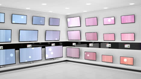 animation of rows of television sets in store with glowing screens with copy space