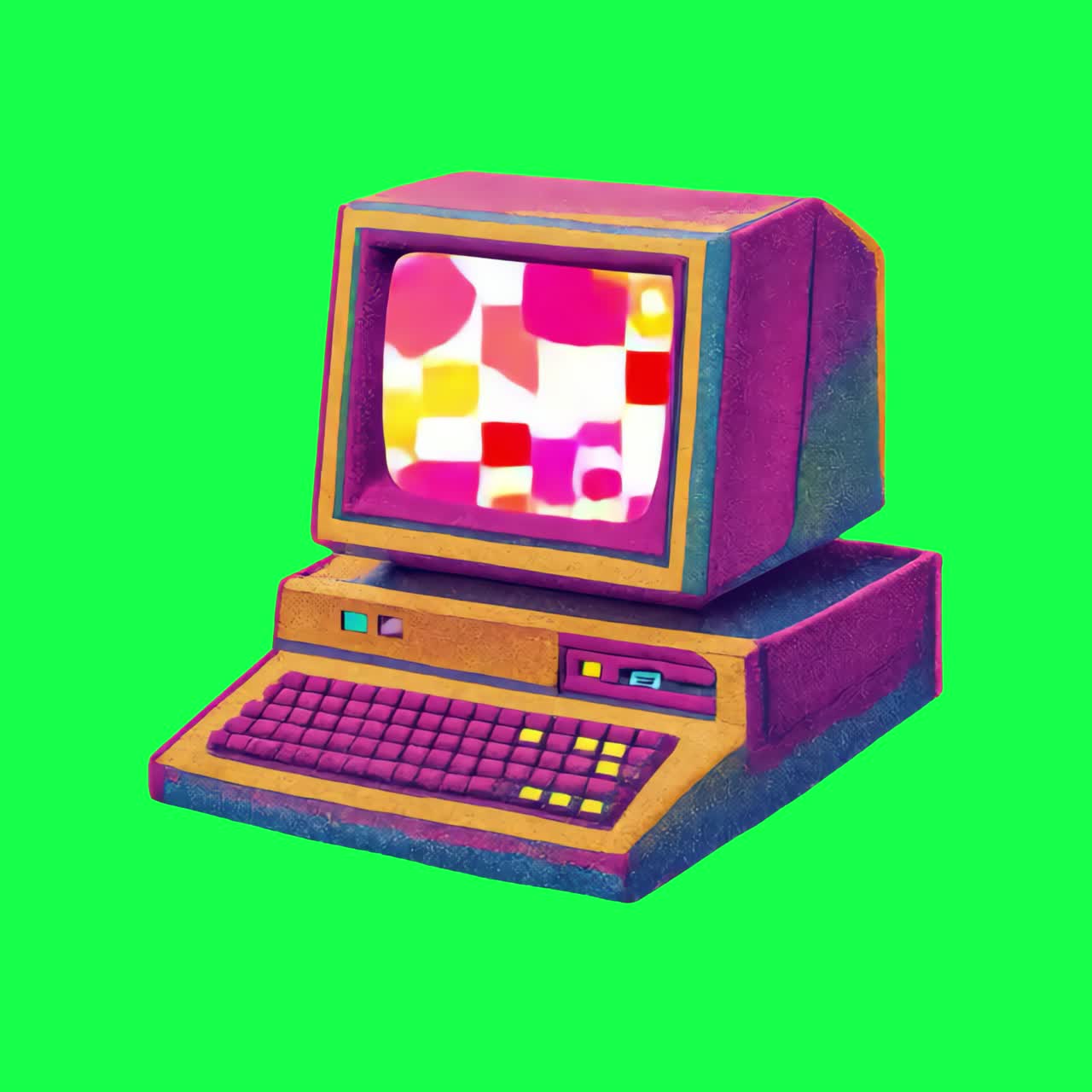 Färgglad retroillustration av dator, animering, transparent 4K-video, grön skärm