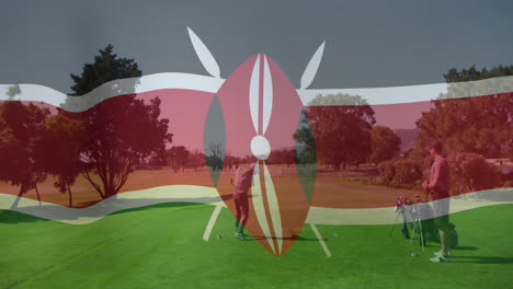 two men swinging golf club on tee box for business, showing animated kenyan flag overlaying fairway