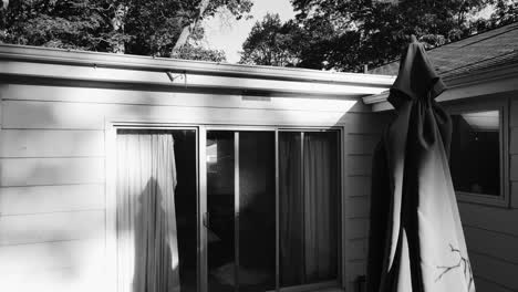aerial take off from a patio in black and white