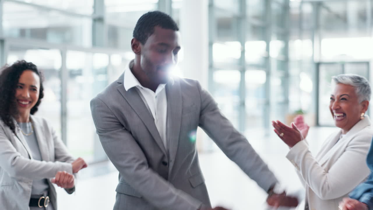 Black man, business people and team dance