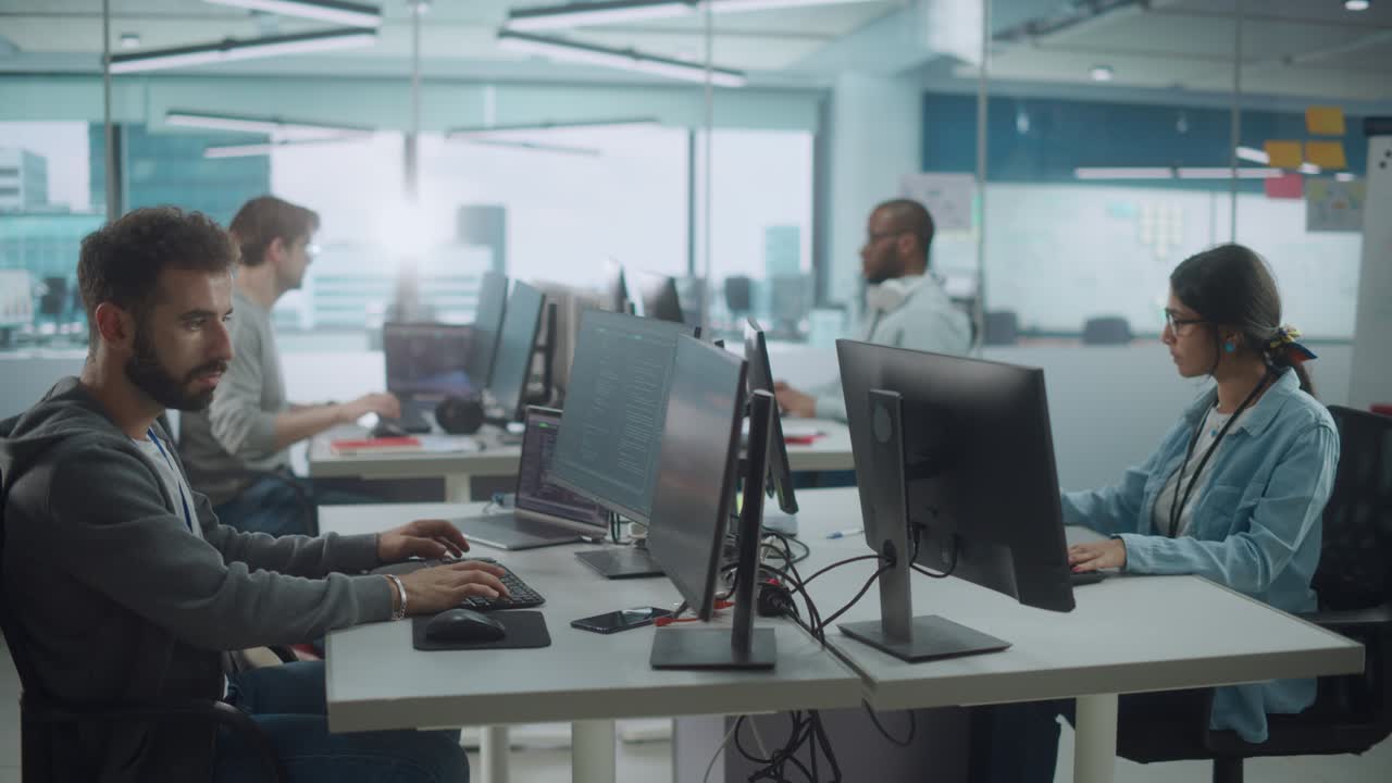 equipo multiétnico diverso que trabaja en una oficina de una gran ciudad: programadores que trabajan en computadoras de escritorio, especialistas que crean software innovador, ingenieros que desarrollan aplicaciones de inspiración, programas, tomas amplias