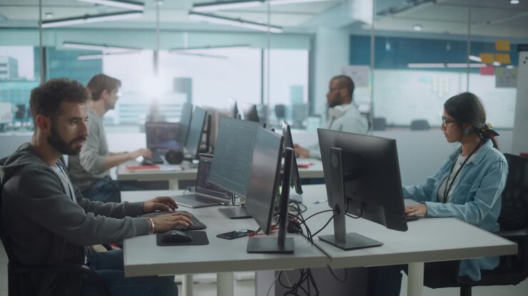 Diverse Multi-Ethnic Team Working in Big City Office: IT Programmers Working on Desktop Computers. Specialists Creating Innovative Software. Engineers Developing Inspiration App, Program. Wide Shot