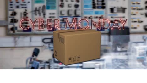 Neon-red-cyber-monday-text-banner-over-delivery-box-falling-against-factory
