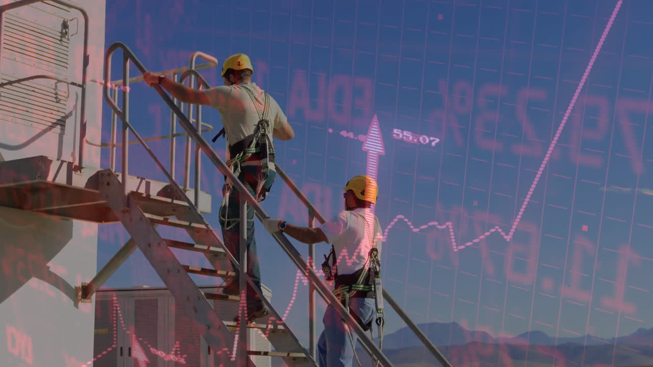 Two technicians climbing rooftop staircase, showing animated pink financial chart overlay