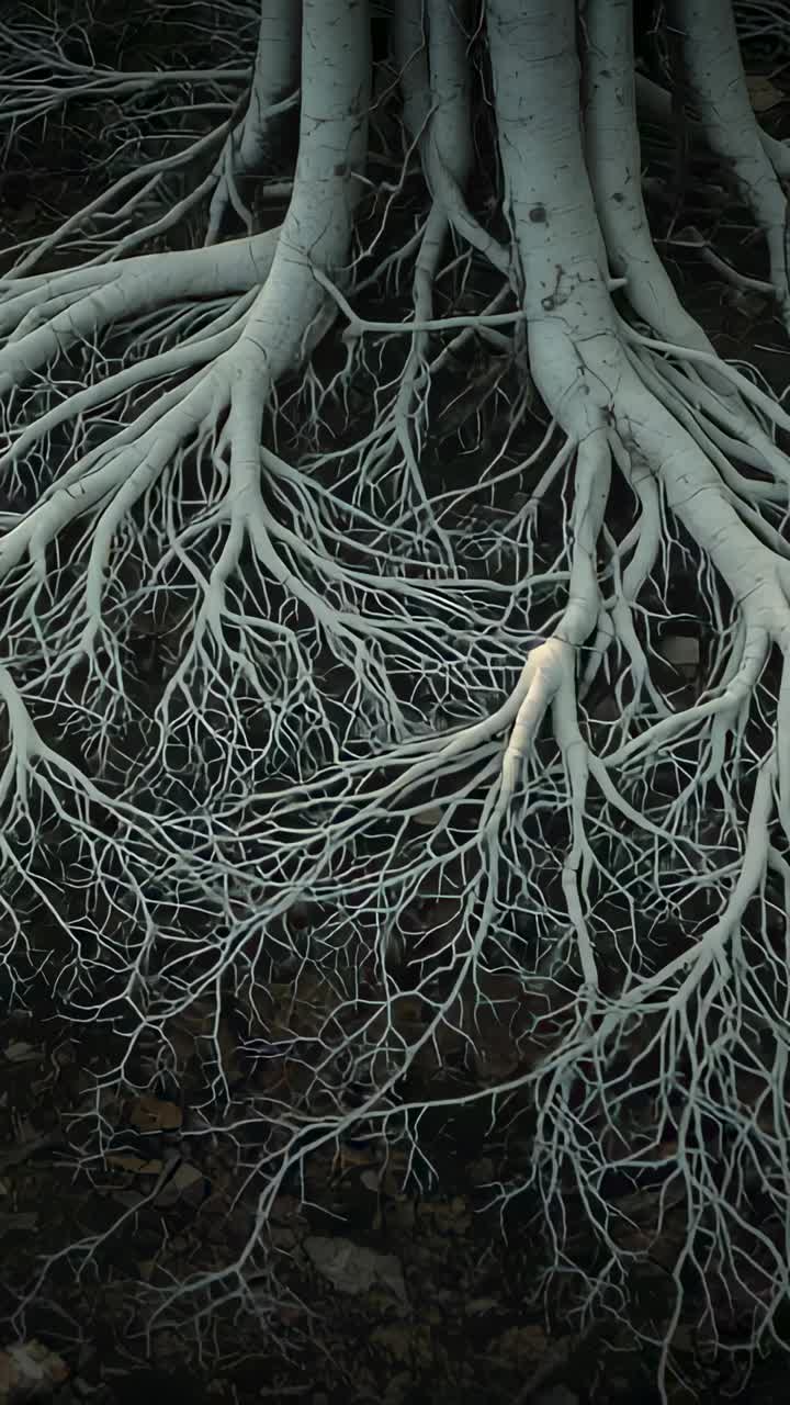 Vertical video: Shifting camera revealing exposed roots at tree base, showing root complexity