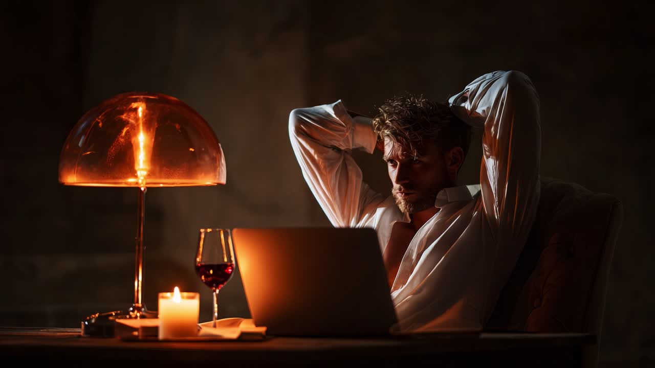 An Introspective Evening: A Man Relaxing in Dim Light with Wine and Candle, Engaging with His Laptop in a Cozy Yet Reflective Setting