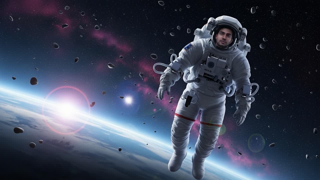 An Astronaut Floating in Space Surrounded by Asteroids with a Colorful Cosmic Background, Capturing the Vastness of the Universe and the Beauty of the Nebulae