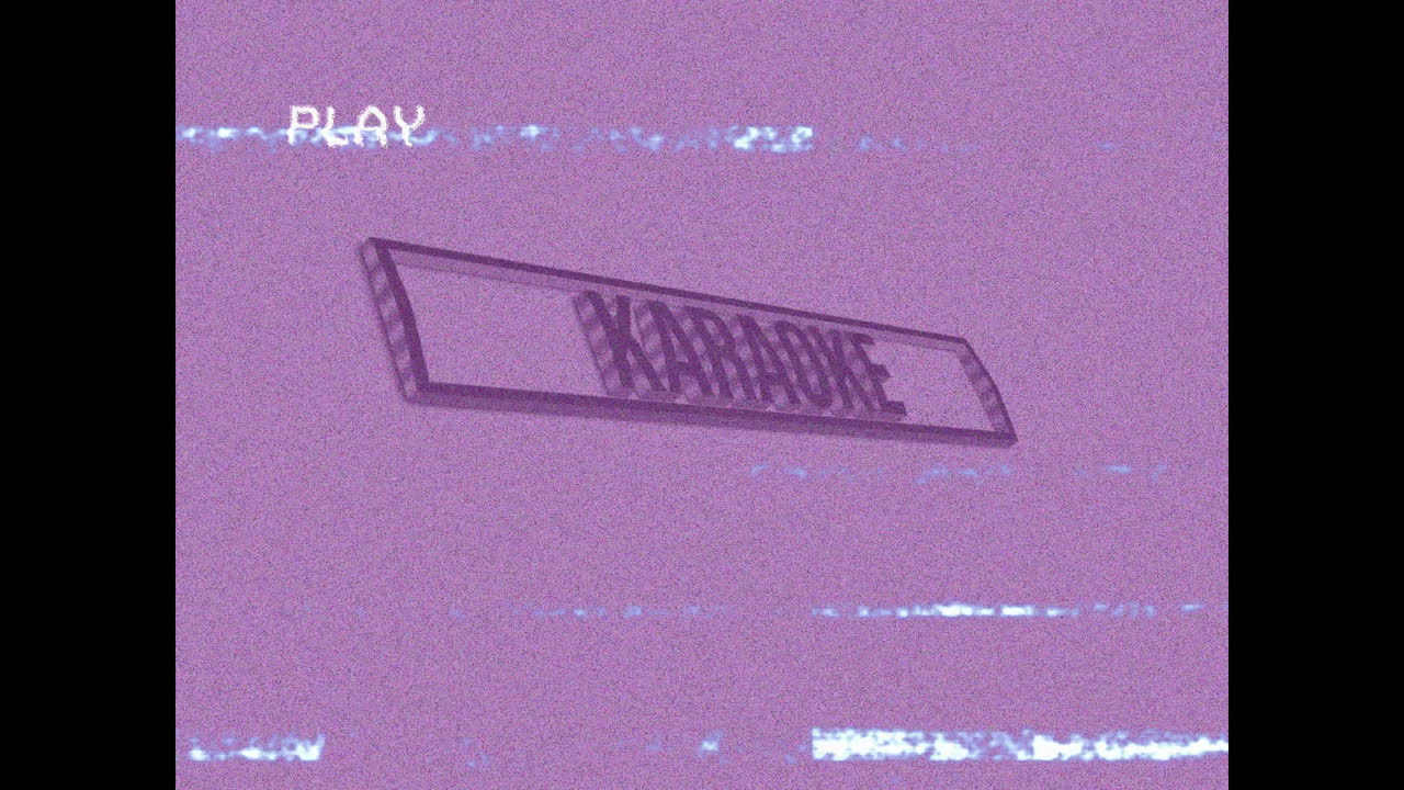 Karaoke sign in retro VHS-style animation with static interference effects