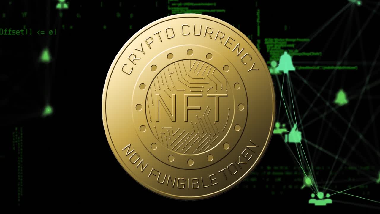 animación del giro de las monedas nrft, red de iconos y procesamiento de datos