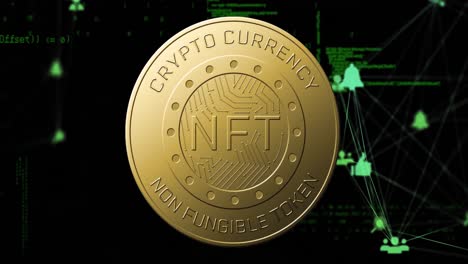 Animación-De-Monedas-Nrft-Girando,-Red-De-Iconos-Y-Procesamiento-De-Datos