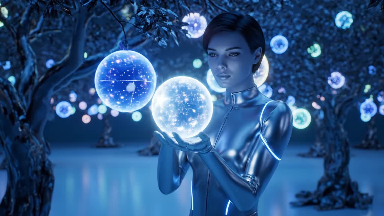 Futuristic Woman with Glowing Spheres in a Sci-Fi Forest