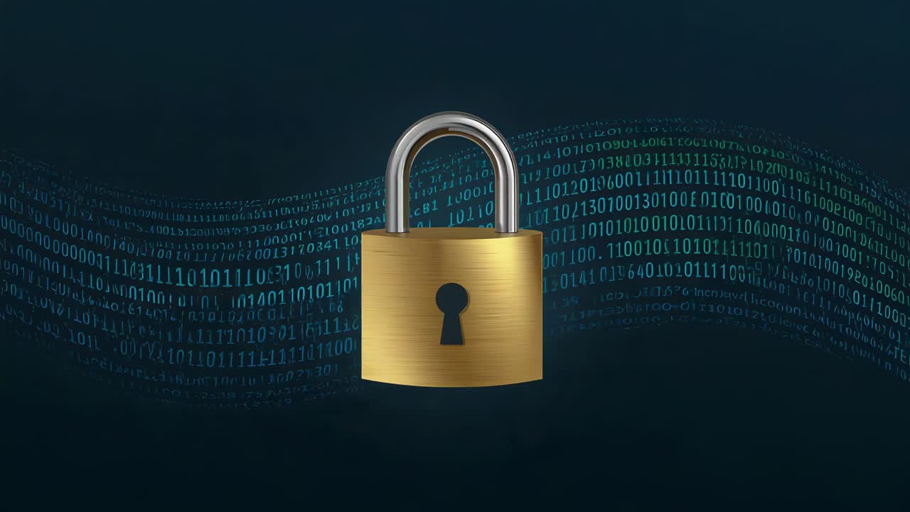 Shining gold padlock remaining locked as binary ribbon shifts across teal backdrop, protecting data