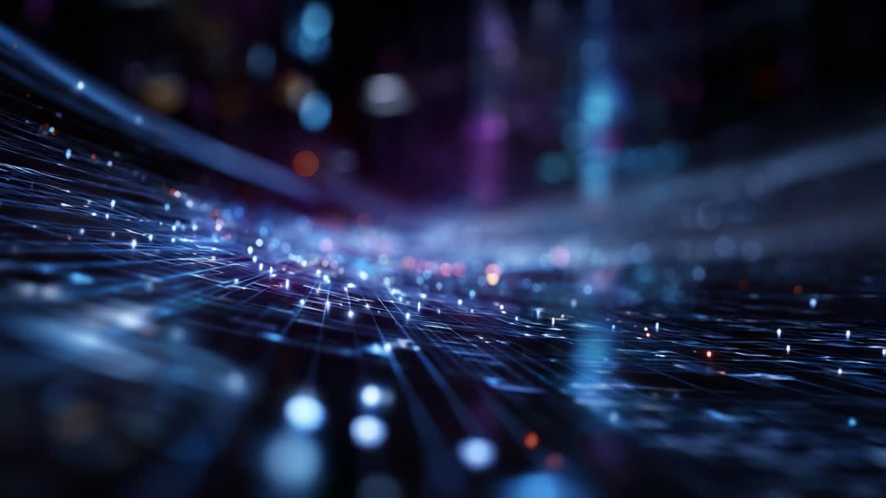 Exploring a Dynamic Digital Landscape of Light Particles in Motion, Showcasing Vibrant Colors and Smooth Flow Over a Gridded Surface in a Futuristic Setting