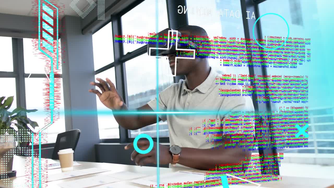 Tech worker putting on VR headset in office, swiping holographic panels and analyzing charts