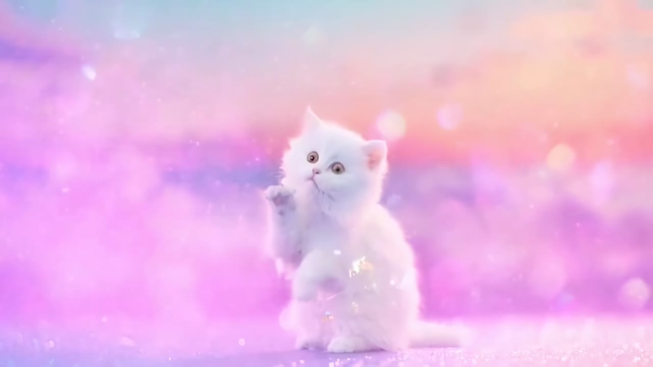 ローアングルで撮影された、夢のようなパステル調の子猫が伸び上がる動画