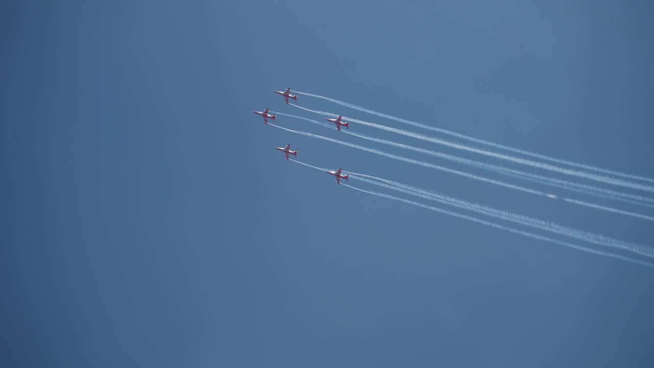 Surya Kiran Aerobatic team performing in the sky during Aero India, showcasing aerial stunts