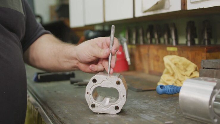 Caucasian male hands factory worker at a factory sitting at a workbench and working on a metal