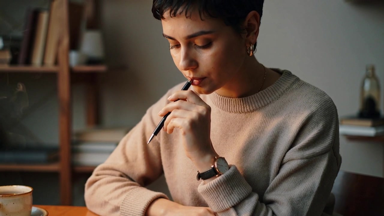 Lifting black pen, woman in sweater studying open book at wooden table to concentrate, cup nearby