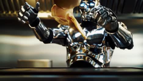 an unconventional cooking assistant: a futuristic robot skillfully flipping pancakes in a modern kitchen setting