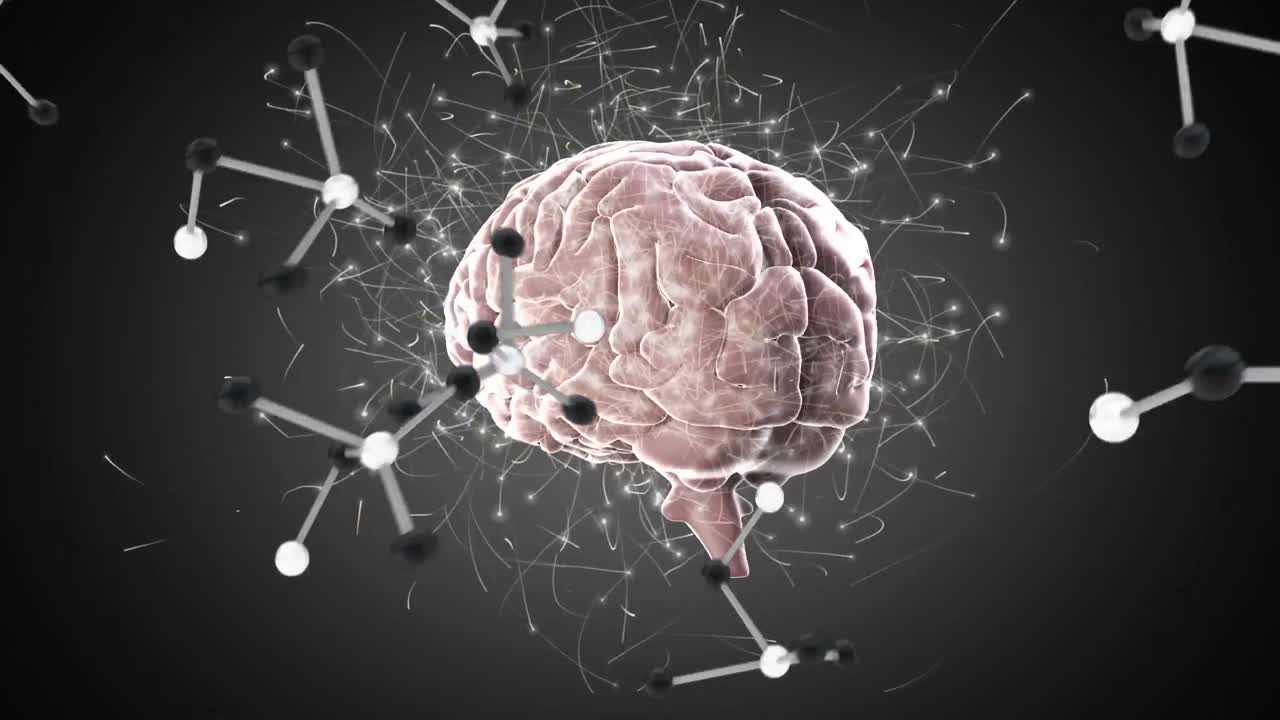 animación digital de un cerebro y moléculas