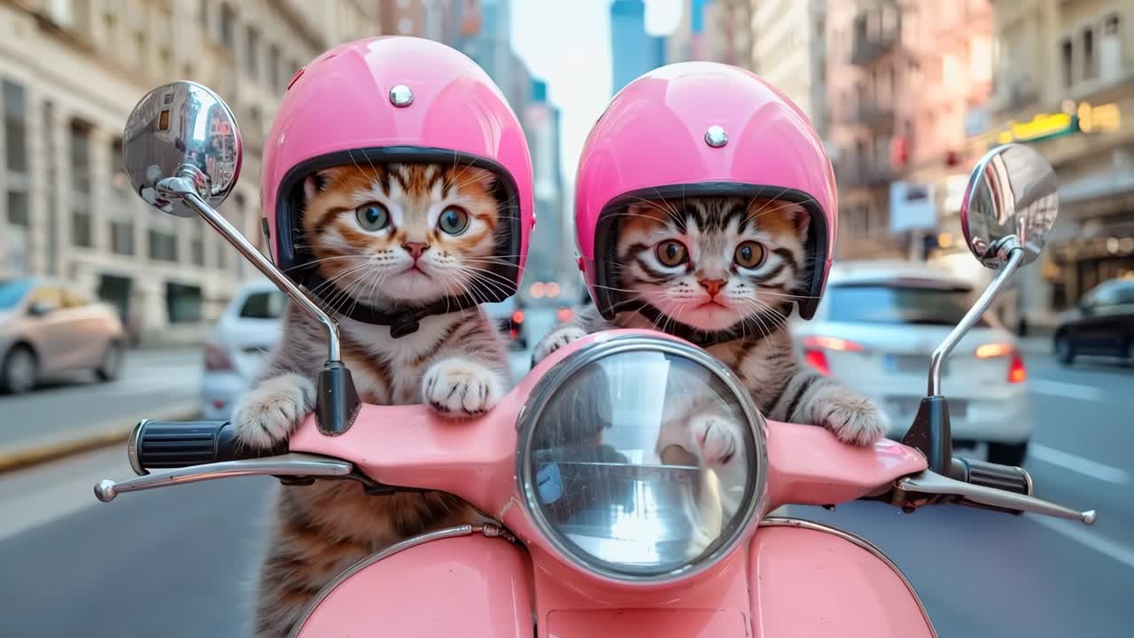 Dua anak kucing mengenakan helm merah muda di atas skuter merah muda di tengah jalan