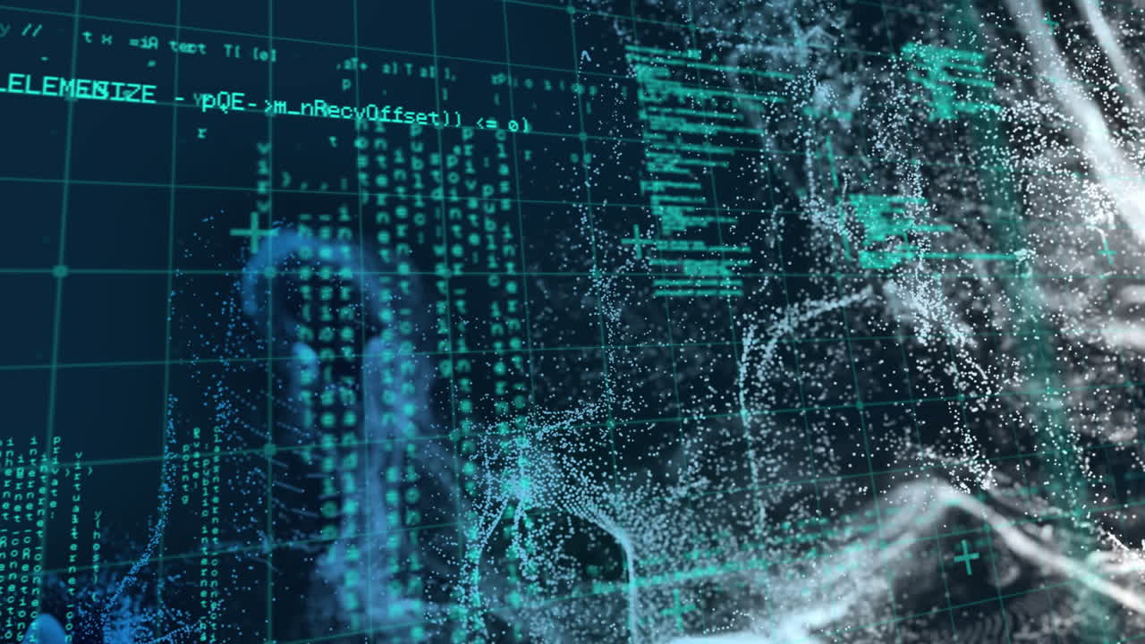 Animation of data processing with glowing light trails