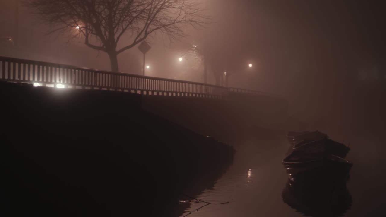 niebla densa por los haces de luz de los faros de la orilla del río a través de la barandilla de tiro amplio