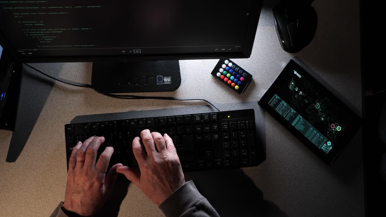el hacker escribe mientras la cámara superior se mueve a través de su área de trabajo