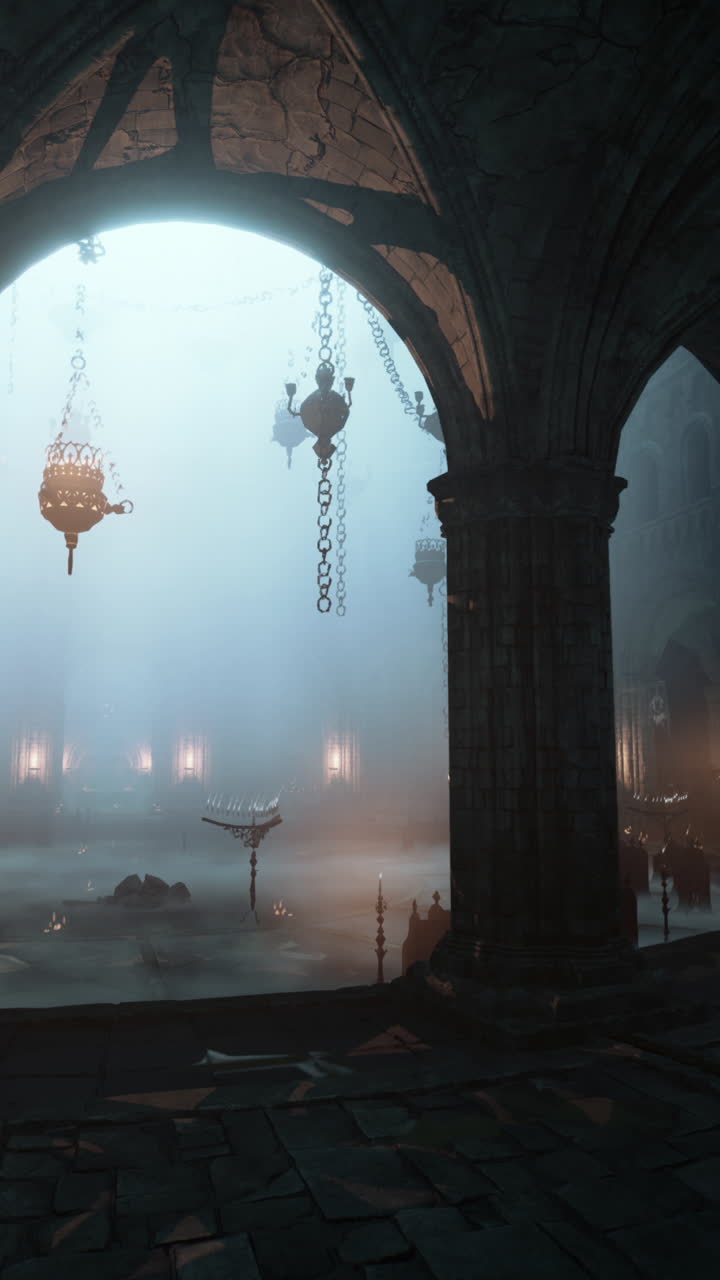 A grand and shadowy stone hall with candlelight and fog