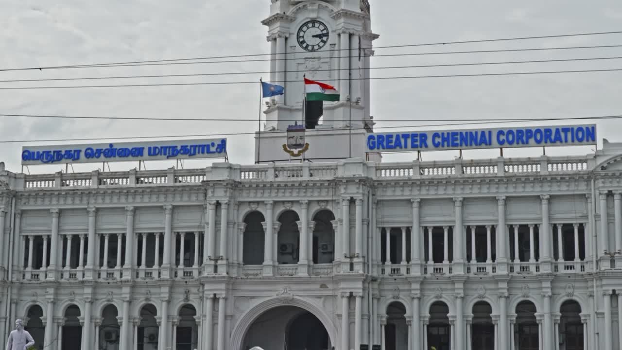 Greater Chennai Corporation Office, periamet, kannappar thidal, chennai, tamil nadu, india. day time, zoom out shot, 4k.