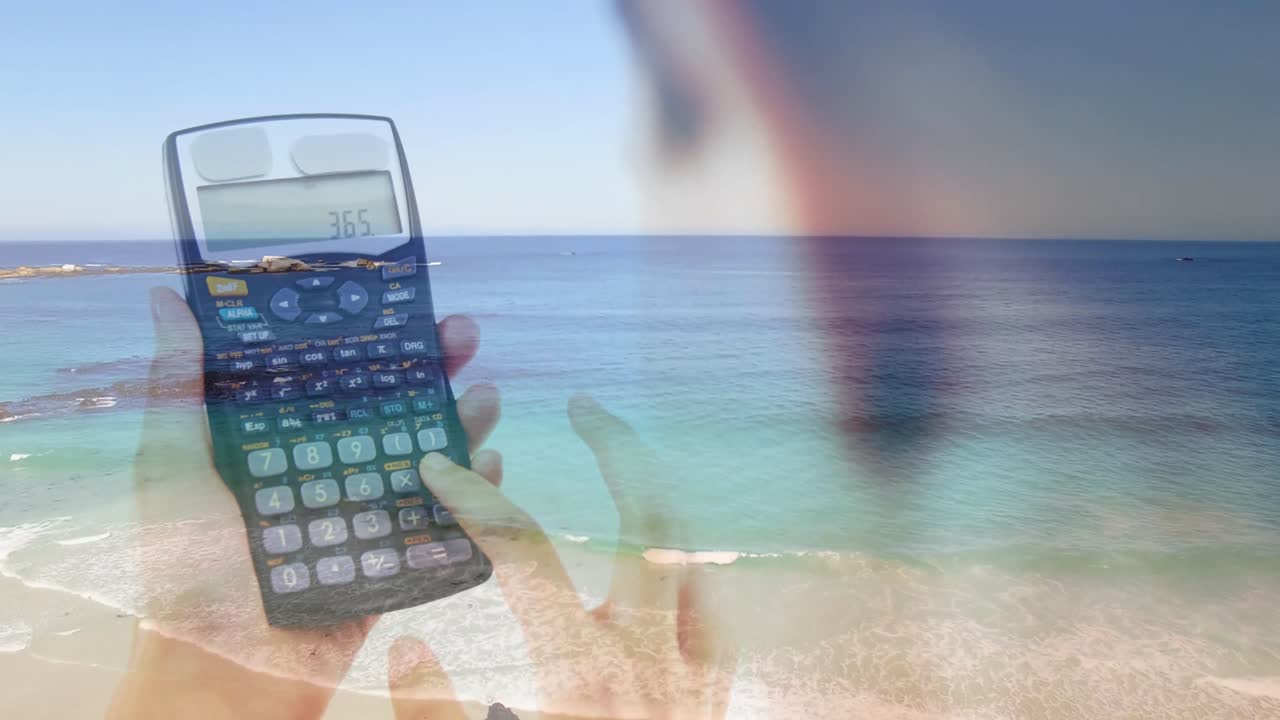 animación de una mujer caucásica usando una calculadora sobre una vista aérea de una playa
