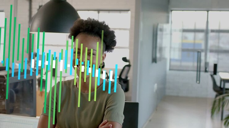 Woman standing in office, equalizer bars entering left obscuring face, showing business audio data