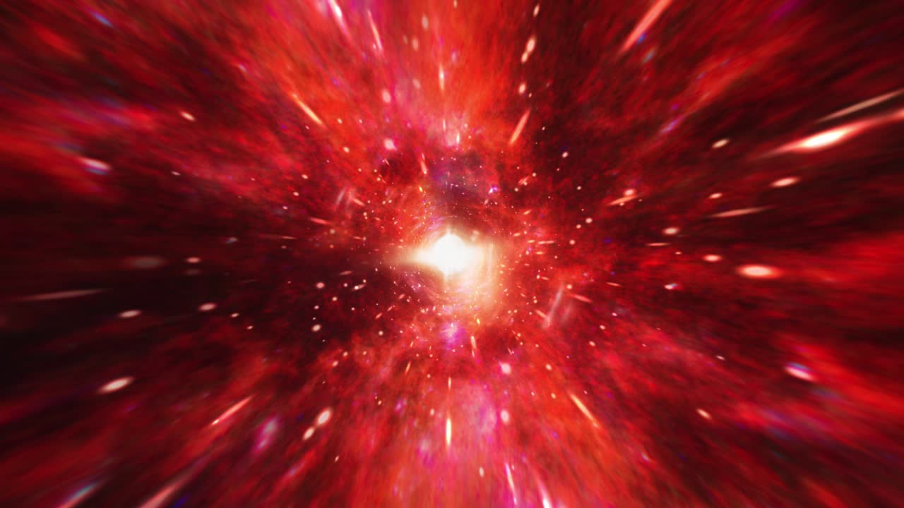 Abstract glow pink red hyperspace tunnel through space time vortex. 4K 3D Loop Sci-Fi interstellar travel through  wormhole in hyperspace. Velocity jump in cyberspace with nebula supernova light.