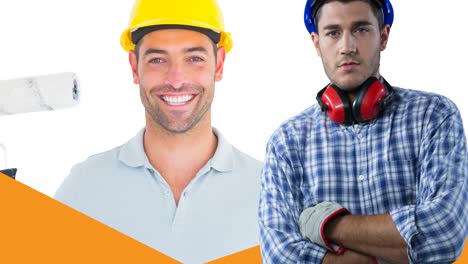 Animation-of-caucasian-male-worker-with-arms-crossed-over-smiling-caucasian-male-worker