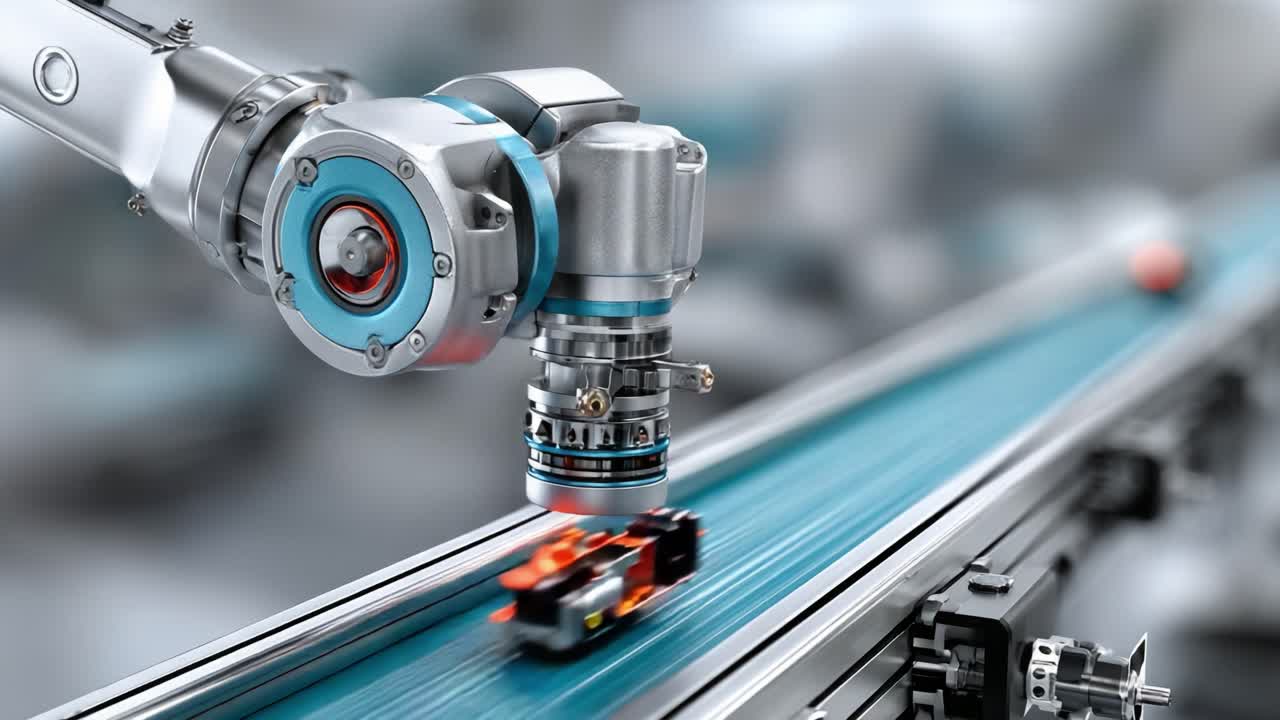 Un brazo robótico de alta tecnología manipulando objetos de manera eficiente a lo largo de una cinta transportadora optimizada en un entorno automatizado moderno.