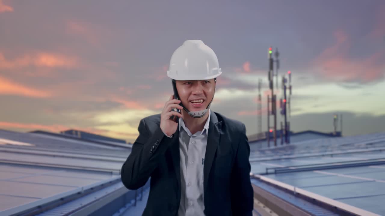 Vista frontal de empresario asiático hablando por smartphone mientras camina entre paneles solares industriales en la azotea