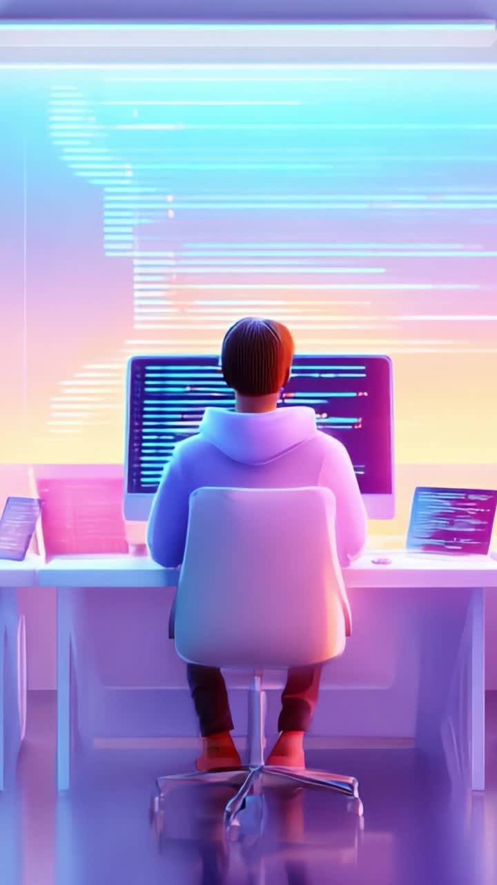 A Digital Programmer Engrossed in Coding, Surrounded by Multiple Monitors and Futuristic Visuals, Capturing the Essence of Modern Technology and Innovation