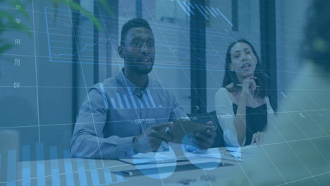 business data analytics animation over meeting with diverse professionals in office